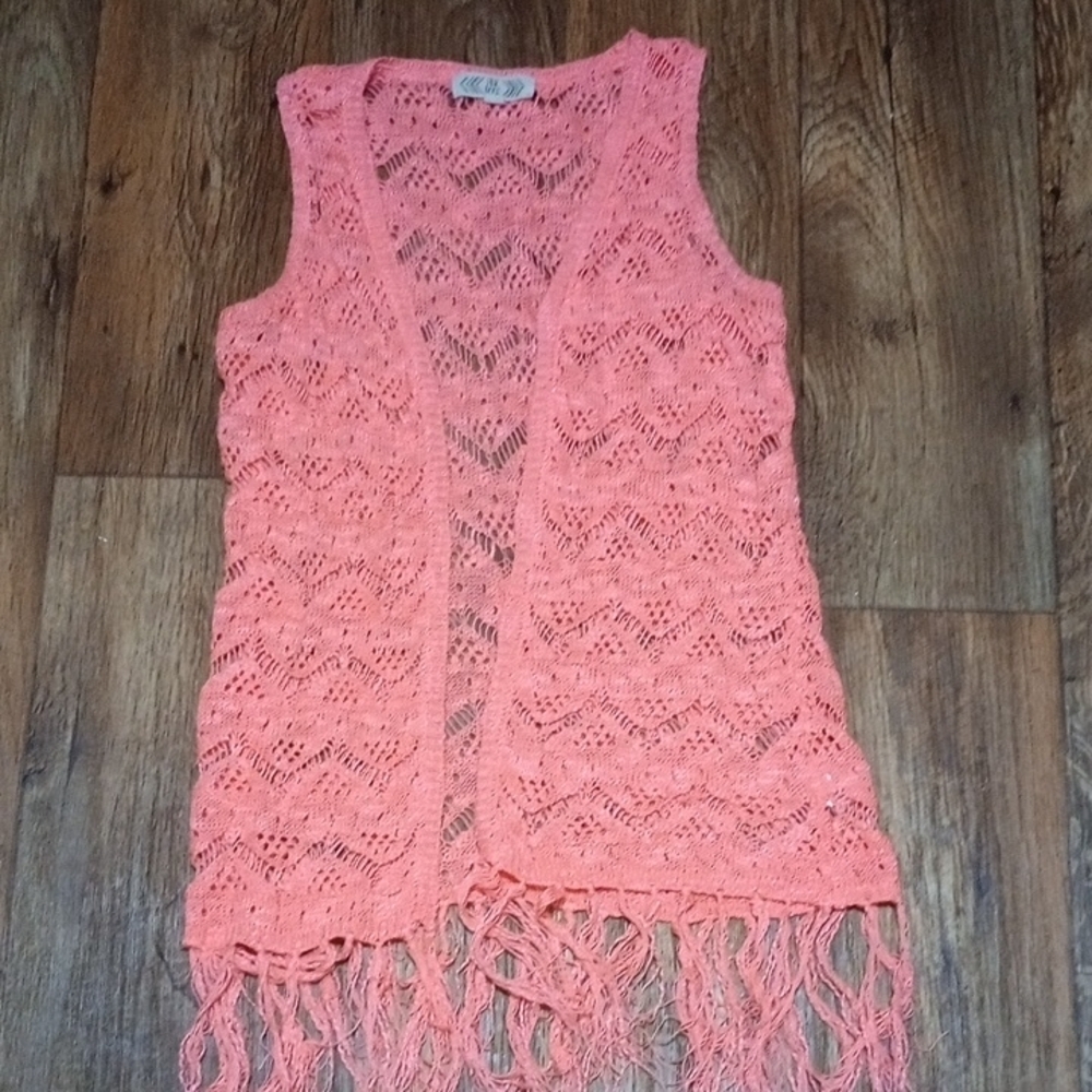 Pink Rose Coral Knit Barbiecorp Vest with Fringe